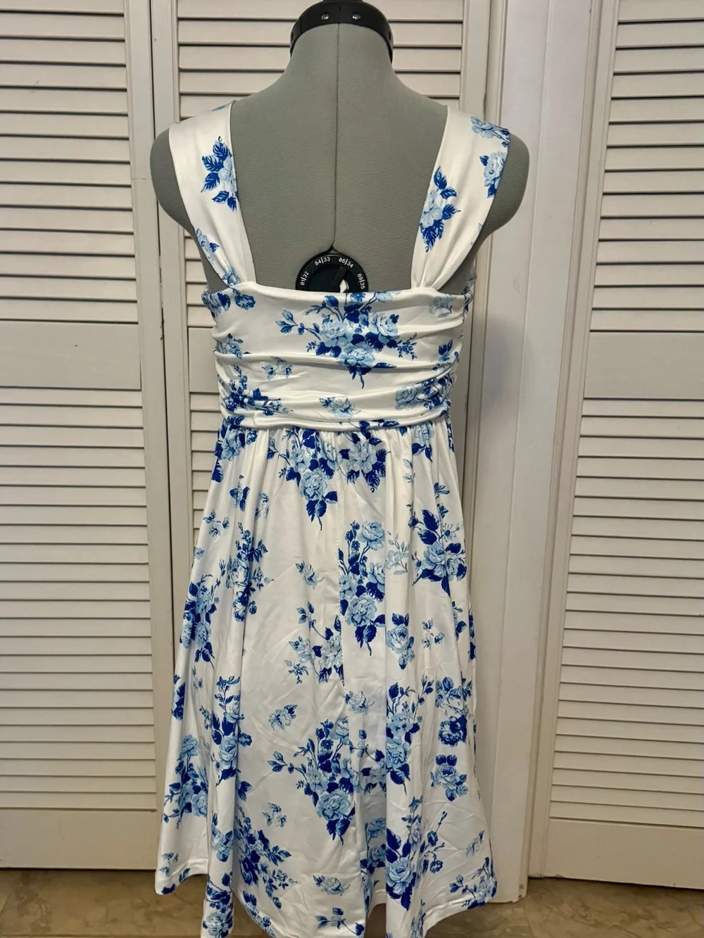 White & Blue Floral Midi Dress with Light Blue Tie Front Cardigan